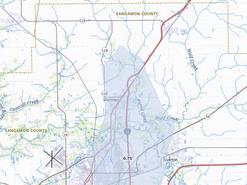 NEXRAD radar-signature map of the hail storm over Sherman, IL on Mar 15, 2026
