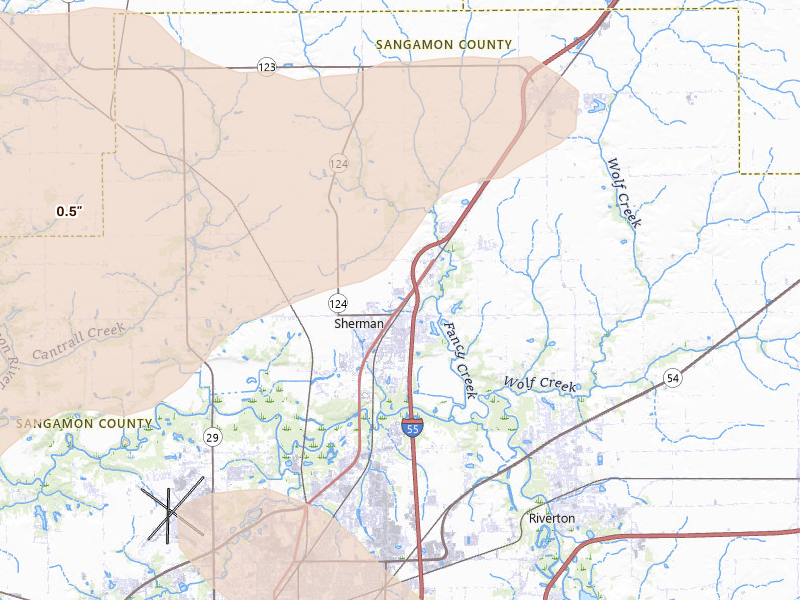 Radar-estimated hail-size map of the storm over Sherman, IL on Apr 27, 2026