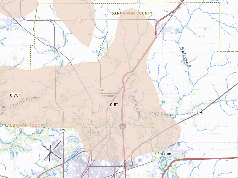 Radar-estimated hail-size map of the storm over Sherman, IL on May 4, 2026