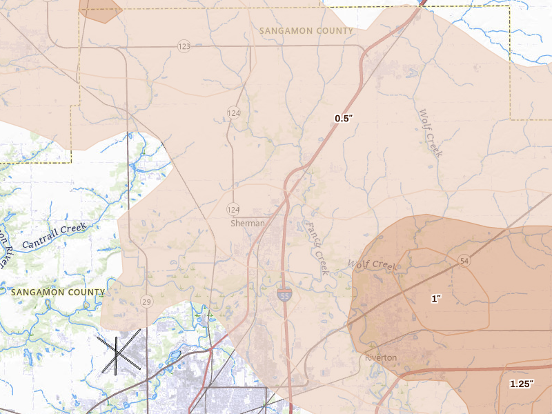 Radar-estimated hail-size map of the storm over Sherman, IL on Jun 17, 2026