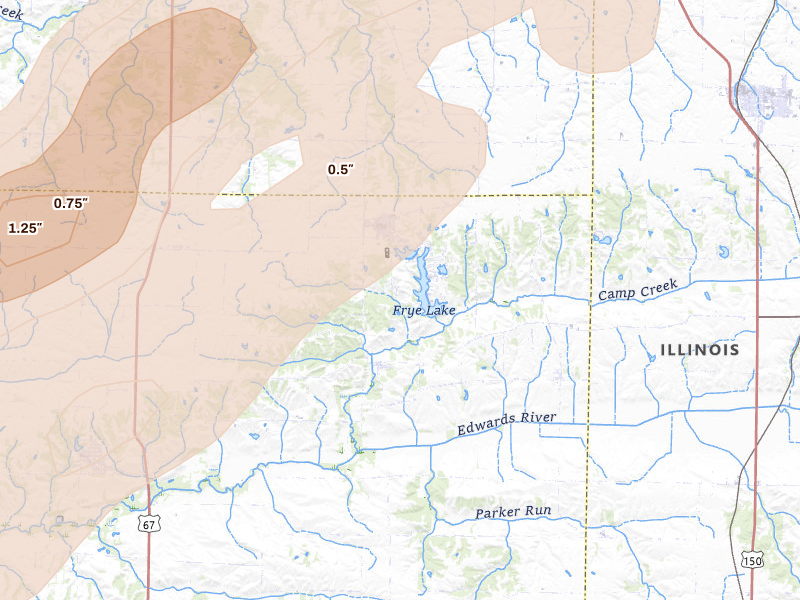 Radar-estimated hail-size map of the storm over Sherrard, IL on Apr 2, 2026