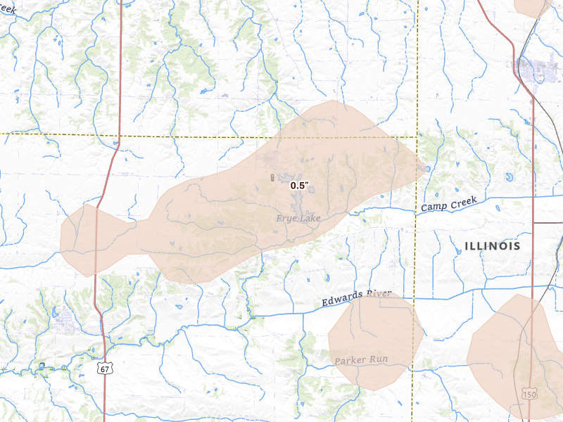 Radar-estimated hail-size map of the storm over Sherrard, IL on Jun 5, 2026