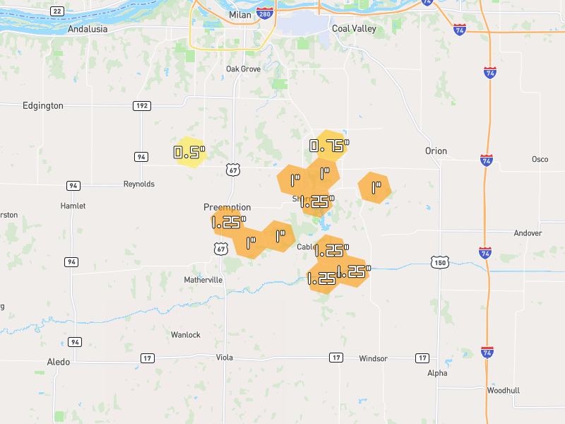 Hail map of Sherrard, IL on Jun 6, 2026, hail up to 1.25"