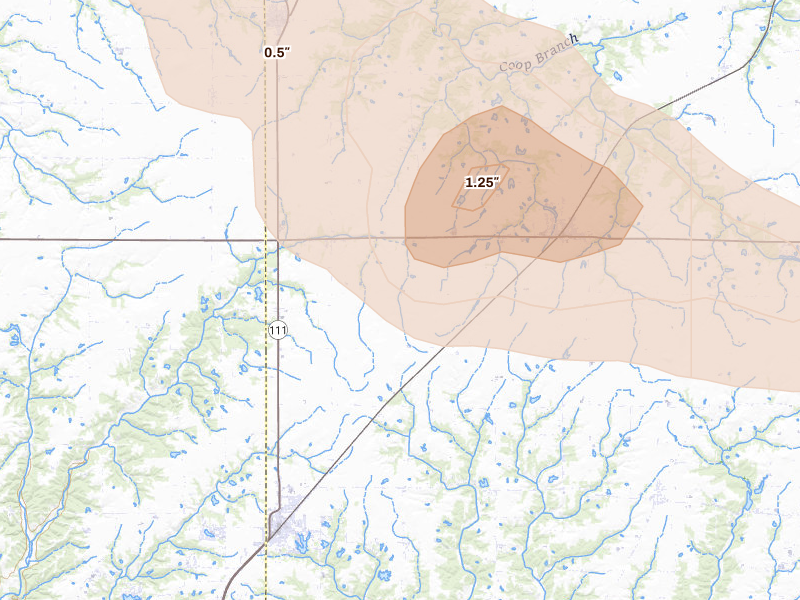 Radar-estimated hail-size map of the storm over Shipman, IL on May 3, 2026