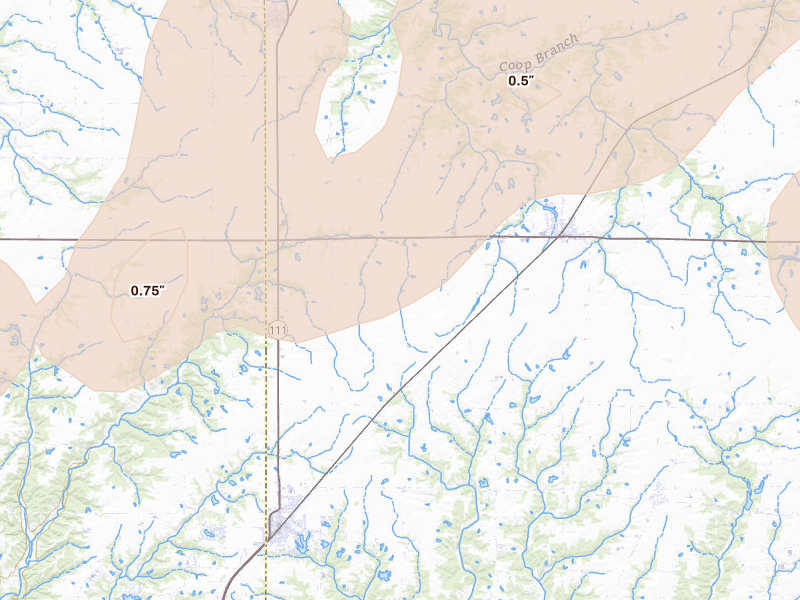 Radar-estimated hail-size map of the storm over Shipman, IL on Jun 11, 2026