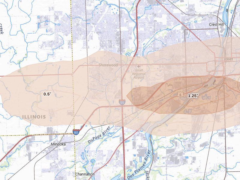 Radar-estimated hail-size map of the storm over Shorewood, IL on Mar 31, 2026