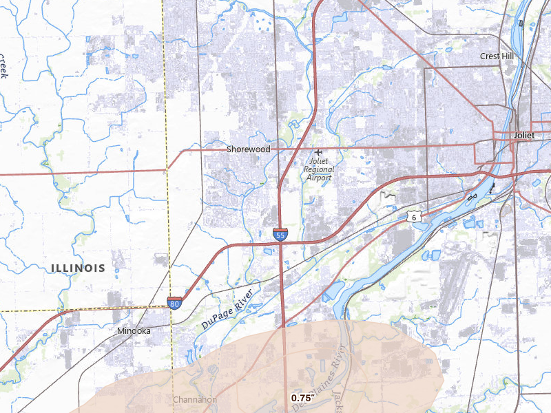 Radar-estimated hail-size map of the storm over Shorewood, IL on May 4, 2026