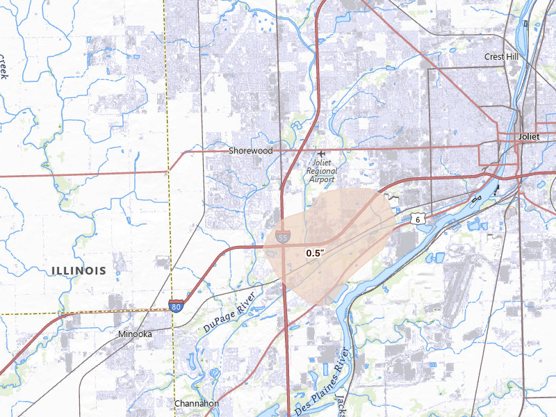 Radar-estimated hail-size map of the storm over Shorewood, IL on Jul 2, 2026
