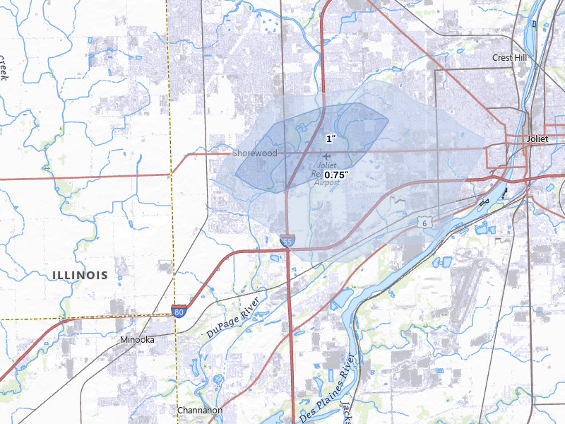NEXRAD radar-signature map of the hail storm over Shorewood, IL on Jul 2, 2026