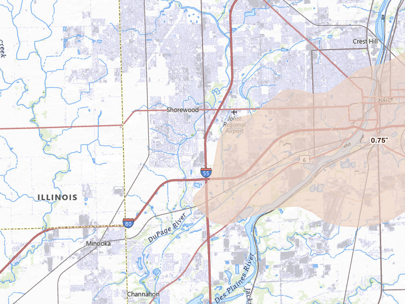 Radar-estimated hail-size map of the storm over Shorewood, IL on Jul 3, 2026