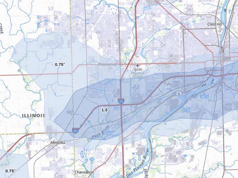 NEXRAD radar-signature map of the hail storm over Shorewood, IL on Jul 3, 2026