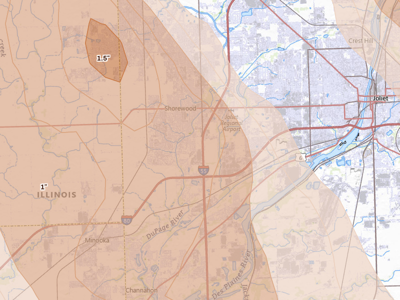 Radar-estimated hail-size map of the storm over Shorewood, IL on Jul 27, 2026