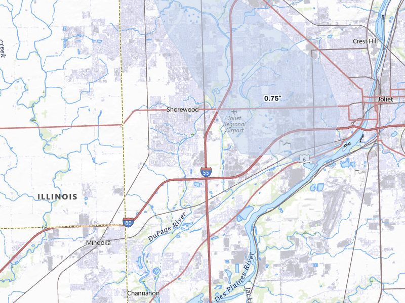 NEXRAD radar-signature map of the hail storm over Shorewood, IL on Jul 27, 2026