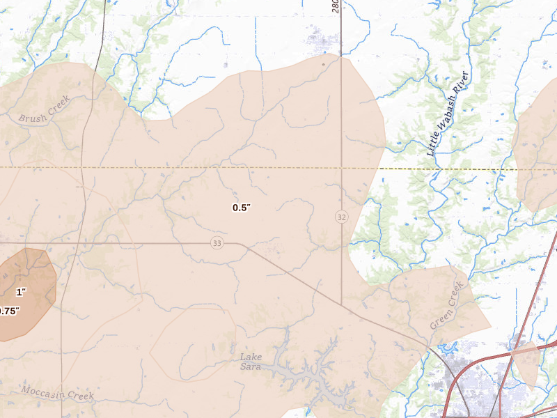 Radar-estimated hail-size map of the storm over Shumway, IL on Apr 27, 2026