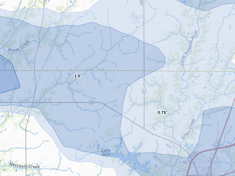 NEXRAD radar-signature map of the hail over Shumway, IL