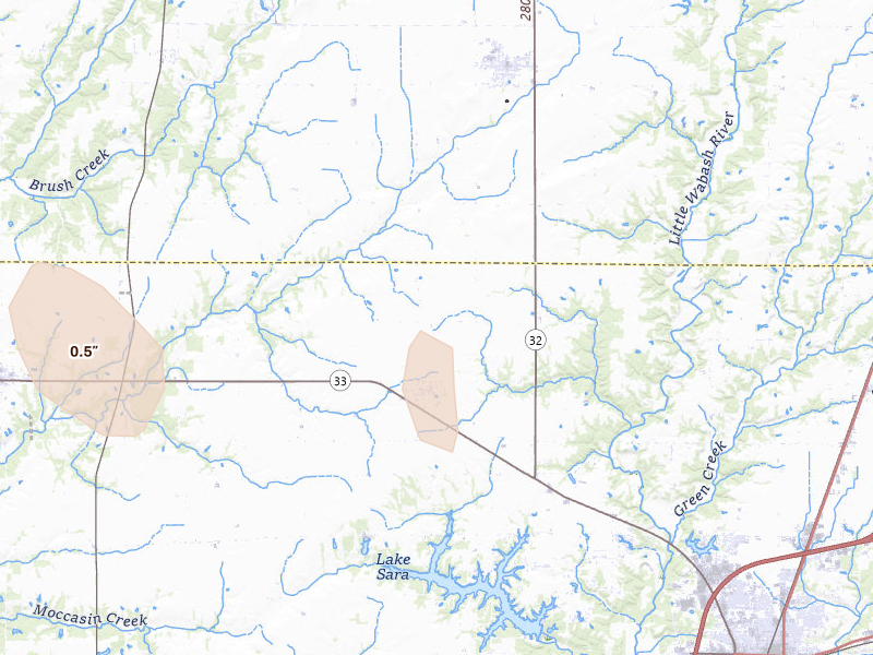 Radar-estimated hail-size map of the storm over Shumway, IL on Jun 11, 2026