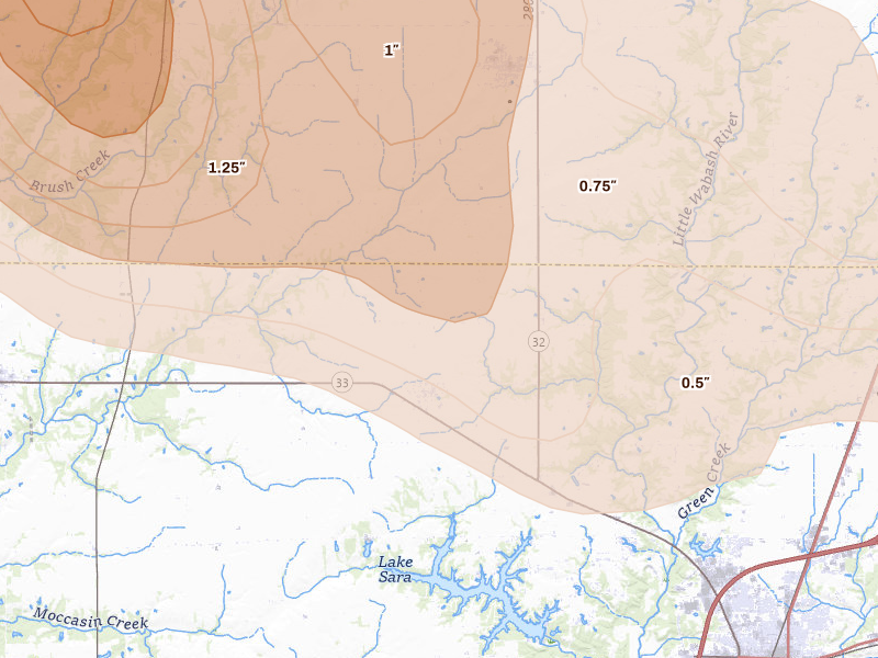 Radar-estimated hail-size map of the storm over Shumway, IL on Jun 17, 2026