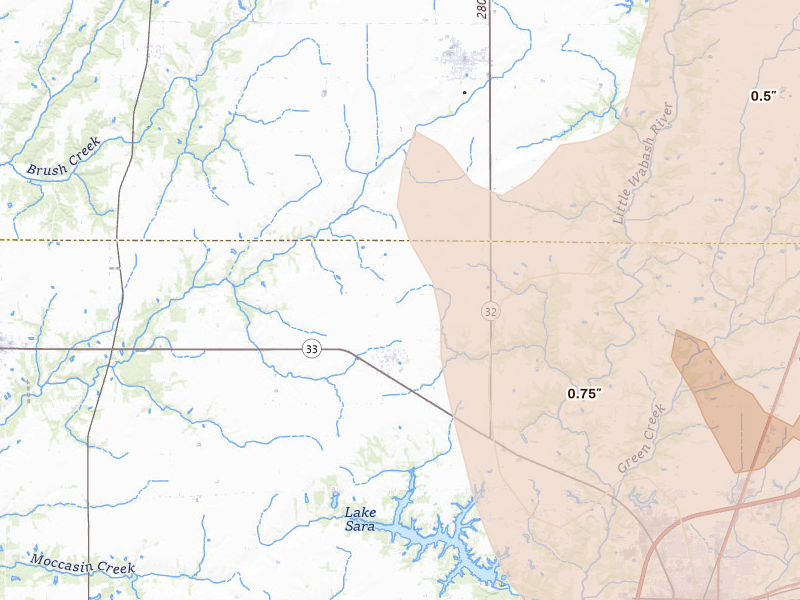 Radar-estimated hail-size map of the storm over Shumway, IL on Jul 26, 2026