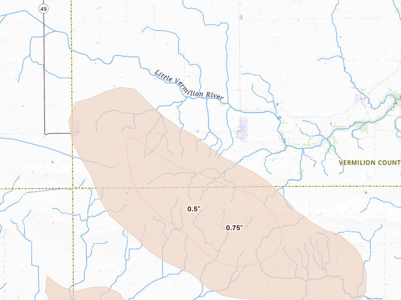 Radar-estimated hail-size map of the storm over Sidell, IL on Jul 27, 2026