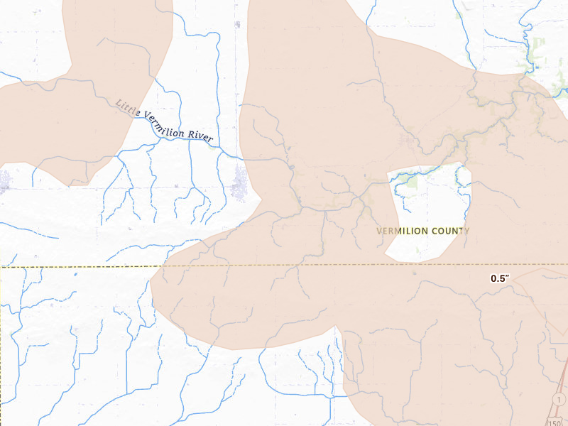 Radar-estimated hail-size map of the storm over Sidell, IL on Aug 11, 2026