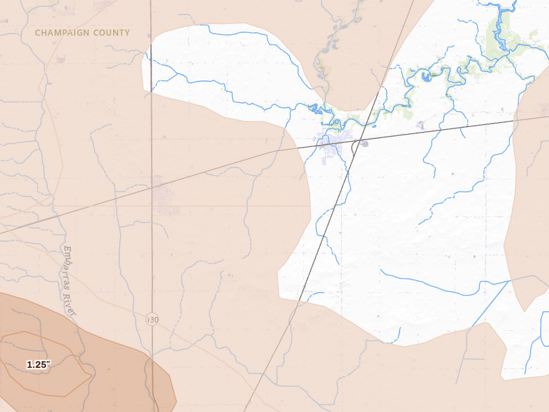 Radar-estimated hail-size map of the storm over Sidney, IL on Aug 11, 2026
