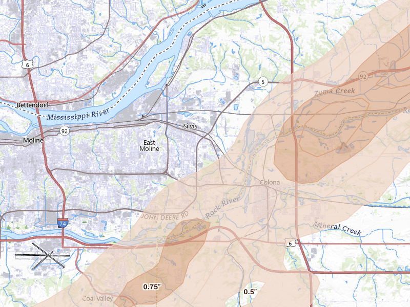 Radar-estimated hail-size map of the storm over Silvis, IL on Apr 2, 2026