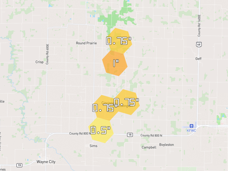Hail map of Sims, IL on Jul 3, 2026, hail up to 1"