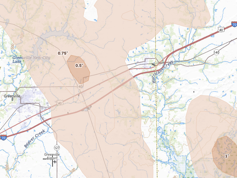 Radar-estimated hail-size map of the storm over Smithboro, IL on Aug 21, 2026