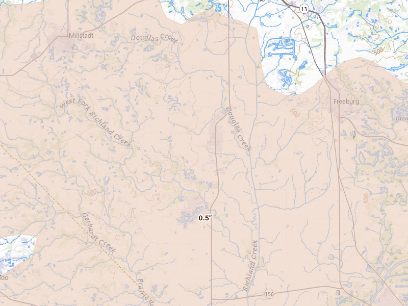 Radar-estimated hail-size map of the storm over Smithton, IL on Apr 27, 2026