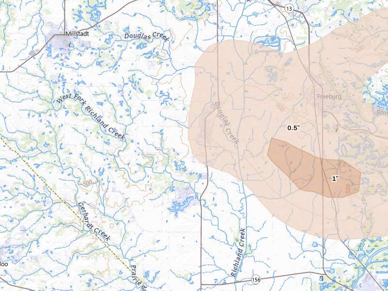Radar-estimated hail-size map of the storm over Smithton, IL on May 16, 2026