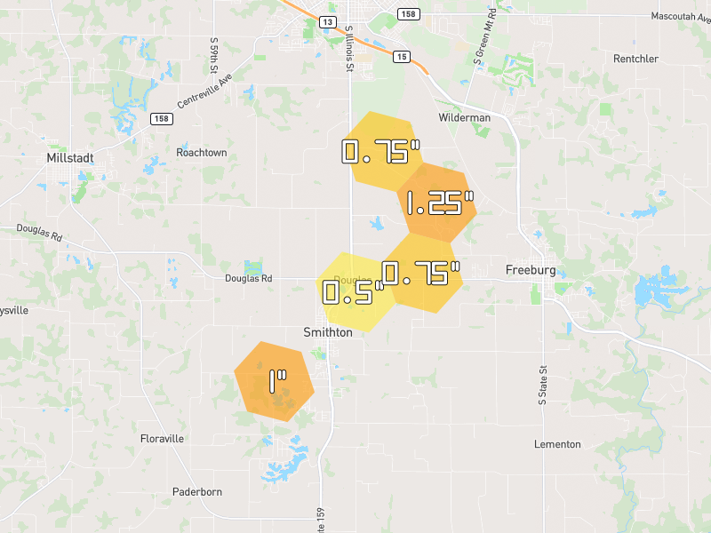 Hail map of Smithton, IL on Jun 1, 2026, hail up to 1.25"