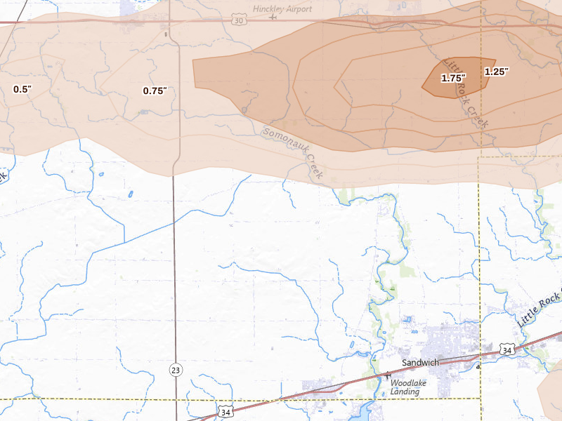 Radar-estimated hail-size map of the storm over Somonauk, IL on Mar 30, 2026