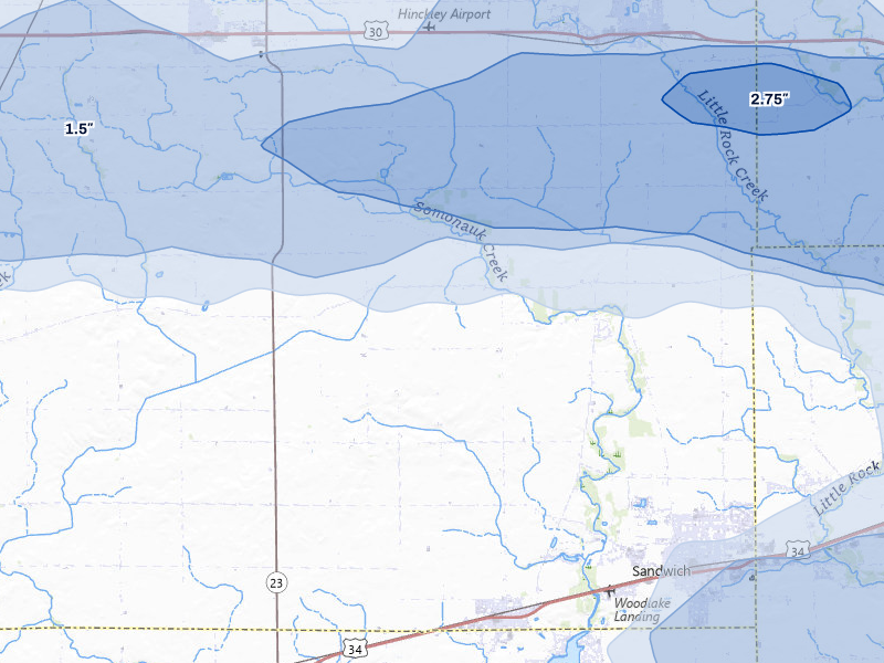 NEXRAD radar-signature map of the hail storm over Somonauk, IL on Mar 30, 2026