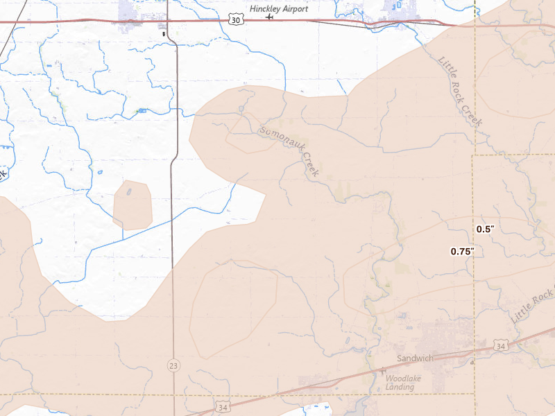 Radar-estimated hail-size map of the storm over Somonauk, IL on Jul 2, 2026