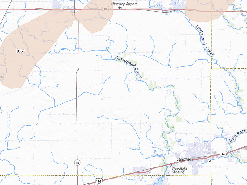 Radar-estimated hail-size map of the storm over Somonauk, IL on Jul 3, 2026