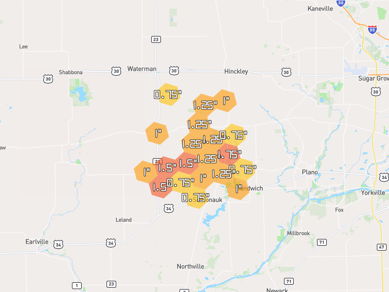 Hail map of Somonauk, IL on Jul 3, 2026, hail up to 1.75"
