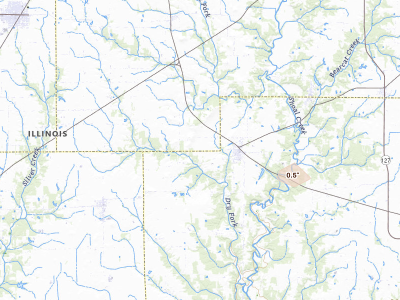 Radar-estimated hail-size map of the storm over Sorento, IL on Mar 4, 2026