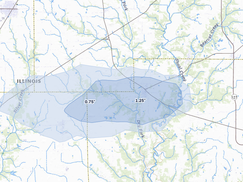 NEXRAD radar-signature map of the hail storm over Sorento, IL on Mar 4, 2026