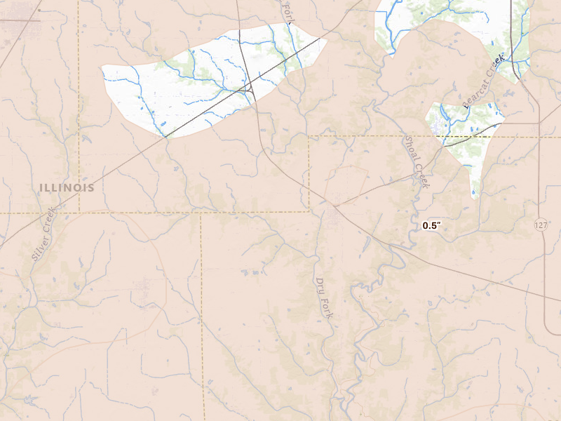 Radar-estimated hail-size map of the storm over Sorento, IL on Apr 27, 2026