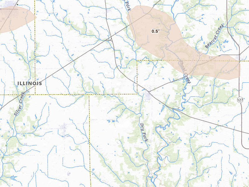 Radar-estimated hail-size map of the storm over Sorento, IL on Jul 10, 2026