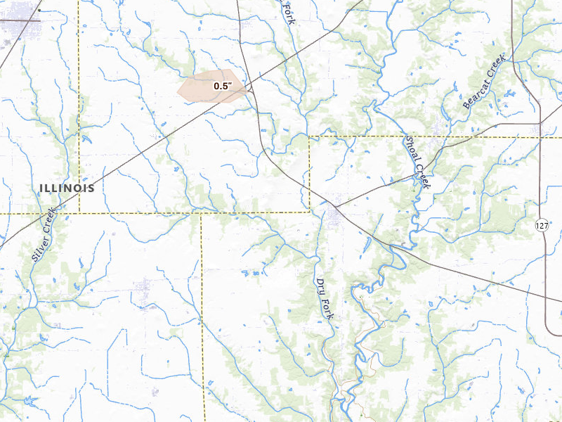 Radar-estimated hail-size map of the storm over Sorento, IL on Aug 13, 2026