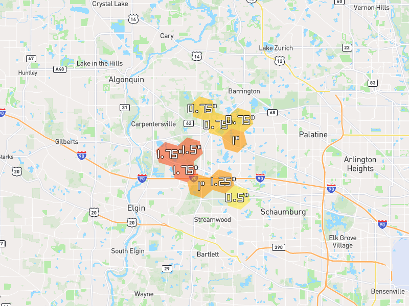 Hail map of South Barrington, IL on Jul 3, 2026, hail up to 1.75"