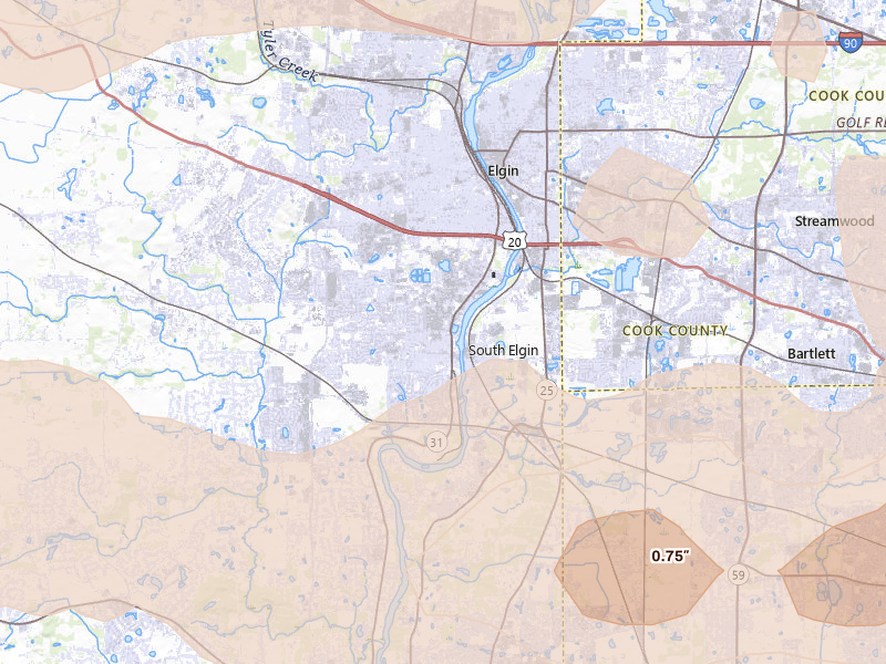Radar-estimated hail-size map of the storm over South Elgin, IL