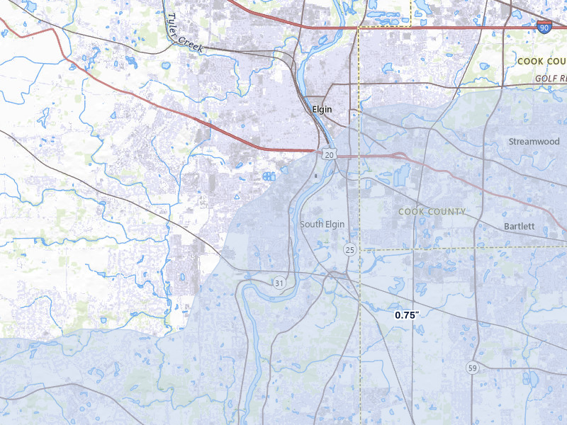 NEXRAD radar-signature map of the hail storm over South Elgin, IL on May 4, 2026