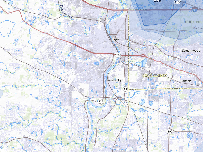 NEXRAD radar-signature map of the hail storm over South Elgin, IL on Jul 3, 2026