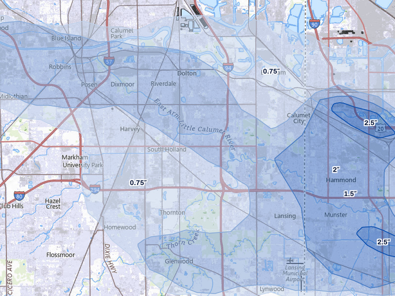 NEXRAD radar-signature map of the hail over South Holland, IL