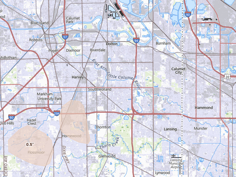 Radar-estimated hail-size map of the storm over South Holland, IL on May 4, 2026
