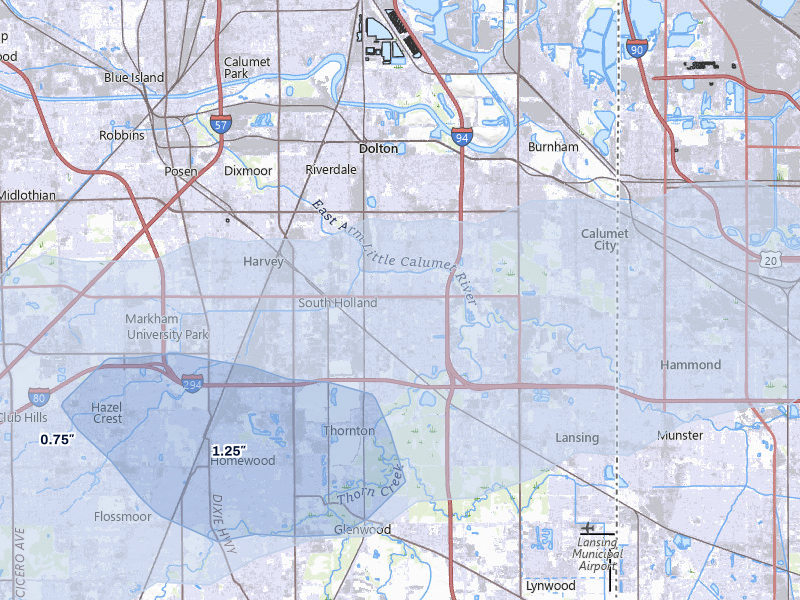 NEXRAD radar-signature map of the hail storm over South Holland, IL on May 4, 2026