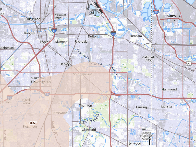 Radar-estimated hail-size map of the storm over South Holland, IL on Jul 3, 2026