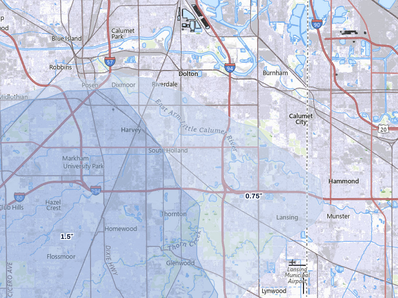 NEXRAD radar-signature map of the hail storm over South Holland, IL on Jul 3, 2026